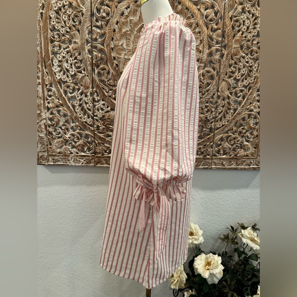 Entro White & Pink Stripe SearSucker Mini Dress, Exaggerated Balloon Sleeves - Picture 7 of 16